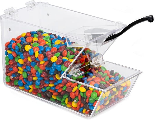 Candy Bin Topping Dispenser - Acrylic Bulk Sprinkle Container w/Scoop, Stackable & Magnetic for Multiple Holders on Shelf - Commercial Setting for Cereal, Nuts, Candies & Snack Food Storage