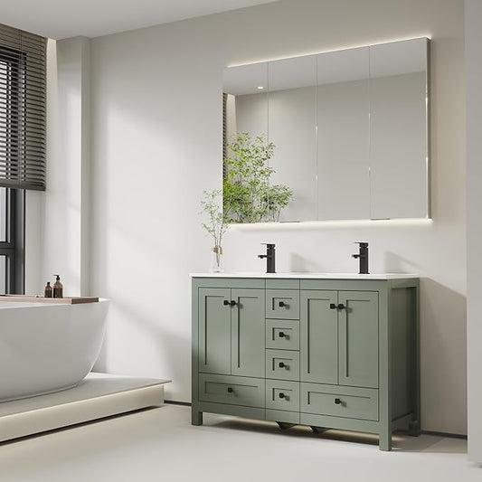 eclife 48" Bathroom Vanities with Sink Combo, Modern Thickened Wood Bathroom Storage Cabinet w/Undermount Double Sink, Matte Black Faucet Drain, Painted Surface, Green