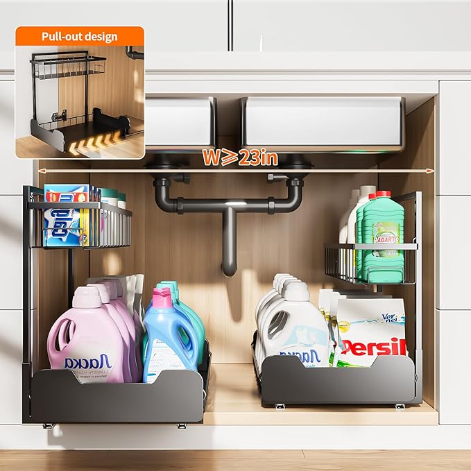 Under Sink Organizer, 2-Tier Thickened All-Metal L-Shaped Pull Out Cabinet Organizer Shelf, Height Adjustable Slide Out Storage Drawer for Kitchen, Bathroom, Laundry, Black, 2-Pack