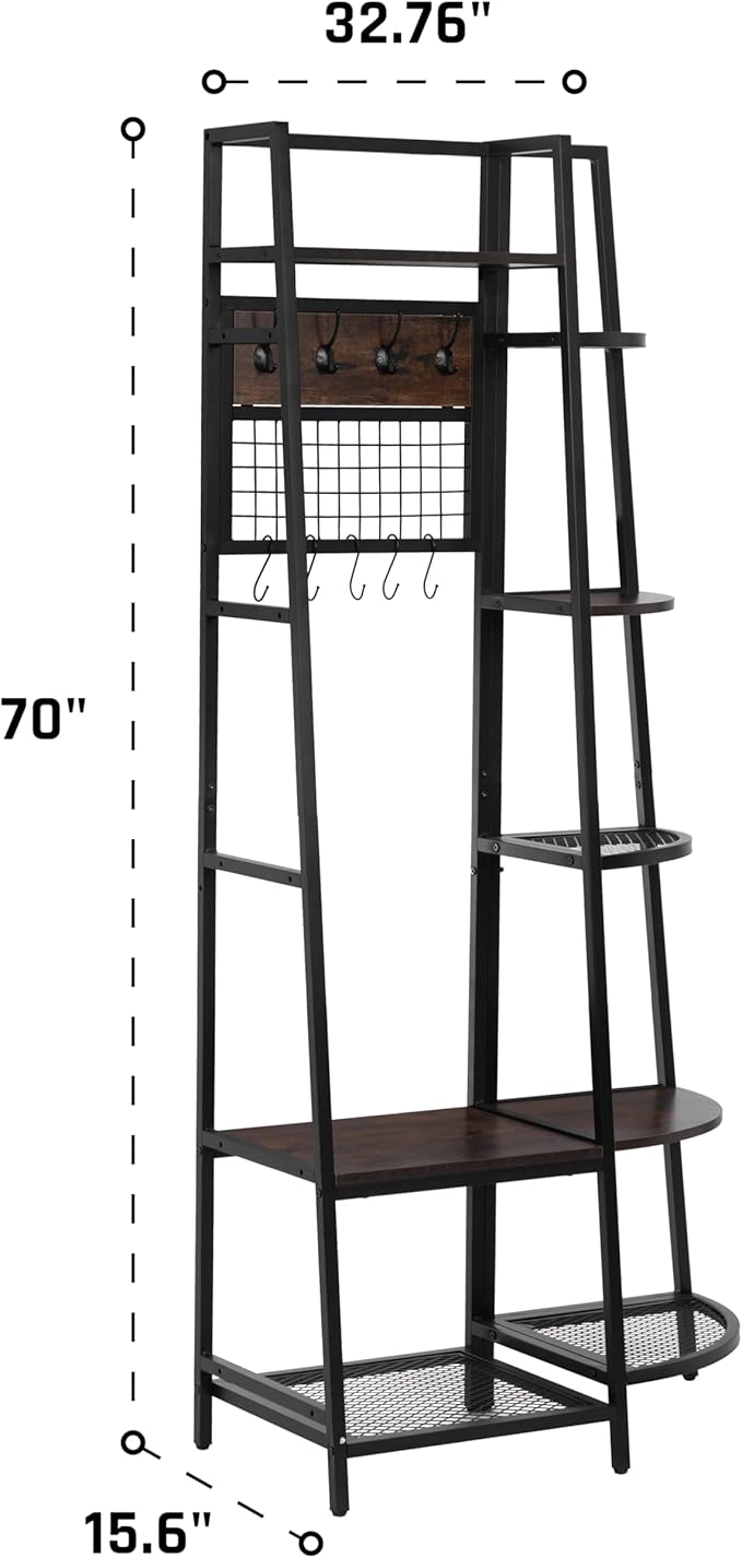 DOEWORKS Entryway Hall Tree with Storage Shelves, Freestanding Industrial Storage Rack Organizer Tower with Hooks, Rustic Brown