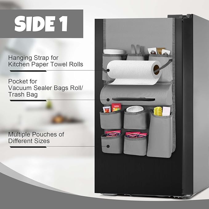 Weysat Mini Fridge Organizer with 14 Pockets Dorm Essentials Dust Cover for Household Refrigerators Mini Fridge Hanging Caddy Organizer Storage Bag for Kitchen Dorm Office Home School (Gray)