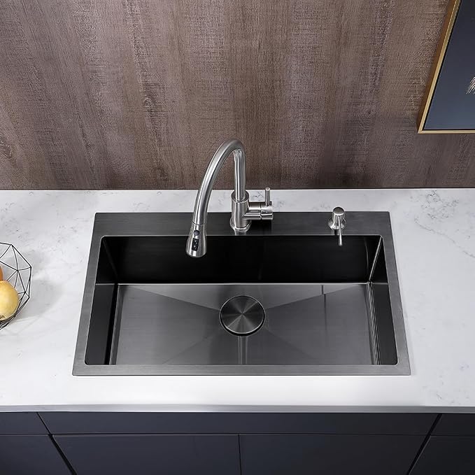 30 inch Drop in Black Kitchen Sink, Single Bowl Stainless Steel Handmade Topmount Kitchen Sinks with Dish Grid and Drain