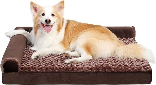 MIHIKK Orthopedic Dog Couch Bed Deluxe Plush L-Shaped with Waterproof Lining Bolster Dog Sleeping Sofa with Removable Washable Cover & Nonskid Bottom Pet Bed for Small Medium Large Jumbo Dogs, Brown