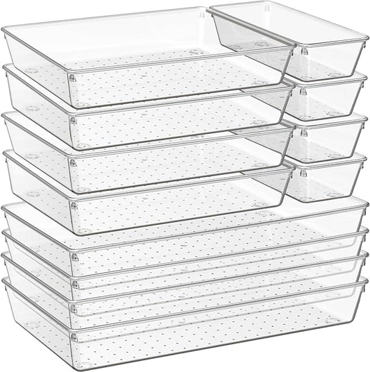 Criusia 12 Pack Large Clear Plastic Drawer Organizer Trays | MULTI-USE Acrylic Drawer Storage for Kitchen, Bathroom, Makeup, Office, School, Undies | College Dorm Room, Home Apartment Essentials