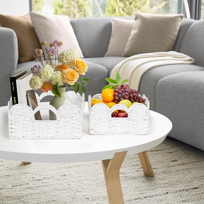 Scalloped Wicker Basket Natural Paper Rope Storage Baskets with Handles Handwoven Organizer Bin Wicker Storage Baskets for Home Decor, Organizing, 2 Pack (White)