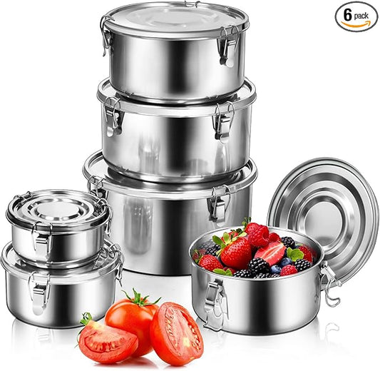 LEEPENK 6 Pcs 304 Stainless Steel Containers With Lids Stainless Steel Snack Containers for Kids,Kimchi Containers Leakproof Stainless Steel Food Storage Containers for Lunch Soup Salad Leftover