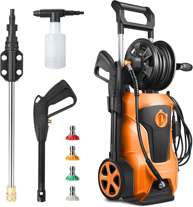 DNA Motoring TOOLS-00230 Up to 2176 PSI Pressure 2.4 GPM Max Flow Electric Pressure Washer for Yard and Car Cleaning with Spray Nozzle Foam Bottle + 4 Turbo Nozzles IPX5 Driveway Patio Deck(Orange)