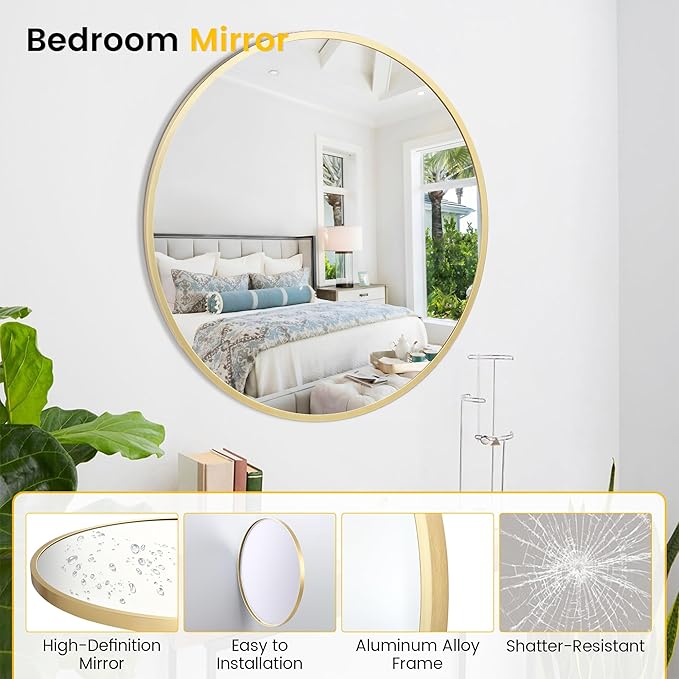 30 in Round Mirror for Wall, Gold Metal Frame Circle Mirror, Round Bathroom Mirror for Wall Decor, Mirror for Entryway, Vanity, Bedroom, Easy to Install