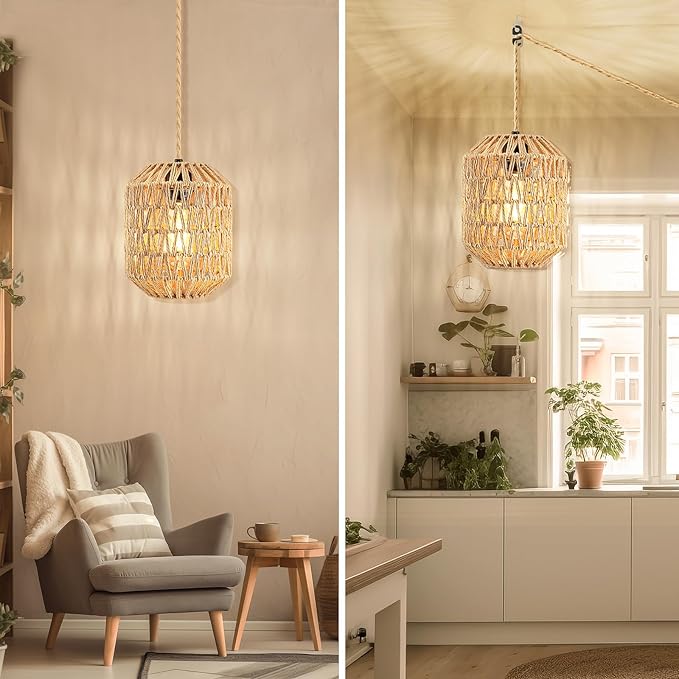 Plug In Pendant Light, 15FT Hemp Rope Cord,Hanging Lights With Plug In Cord Dimmable Rattan Hanging Lamp Wicker Woven Basket Lampshade, Industrial Plug In Ceiling Light Fixture For Kitchen (brown)