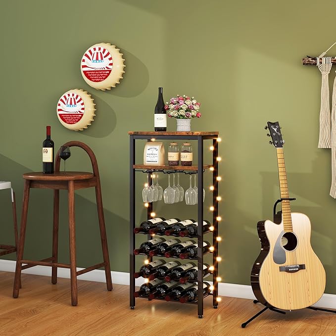 IBUYKE Wine Racks Freestanding Floor,Liquor Bottle Holder,16 Bottles Wine Cabinet with Glass Holder,Wine Holder Display,Mini Wine Bar Table for Living Room,Kitchen Pantry,Dining Room,Brown UTMJ907H