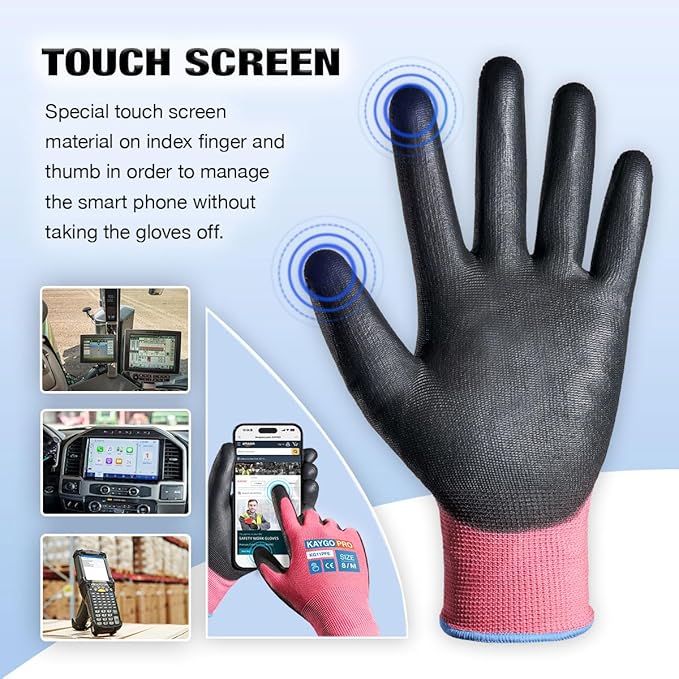Work Gloves PU Coated for Men and Women, 12 Pairs Safety Work Gloves with Two Fingers Touchscreen, Breathable and Lightweight,Ideal for Light Warehouse, Manufacturing, Gardening, KG11P (M,Pink)