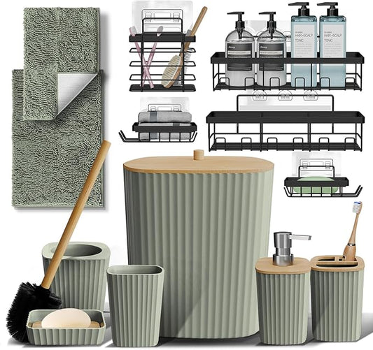 Clara Clark Bathroom Set - Sage Green Bathroom Accessories Set, 6PC Bathroom Accessory Set, Bathroom Sets with Bathroom Rugs, Adhesive Corner Shower Caddy Hanging, Toilet Brush & Trash Can