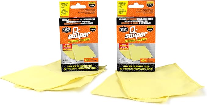 Q-Swiper XL Steam-Clean Grill Cleaning Value Set — Bristle-Free Brush with Scraper — Dipping Tray, 4 Kevlar® Heat Resistant Cleaning Cloths — Safe Way to Steam Away BBQ Grill Grease & Grime