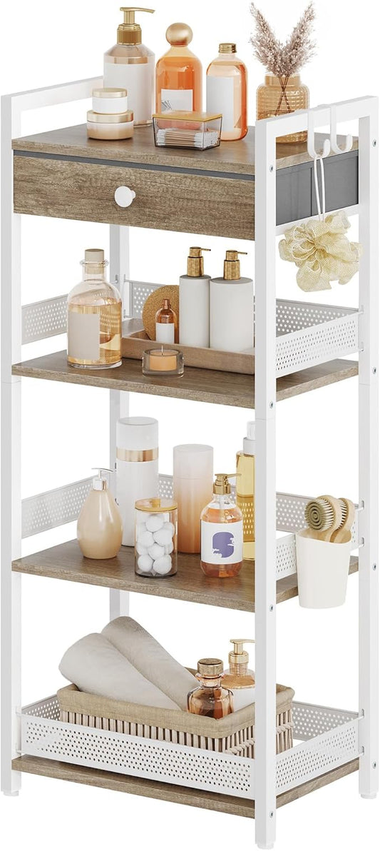 FAVOOSTY 4 Tier Ladder Shelf Stand, Bookshelf with Drawer Storage, Decorative Display Shelves Wood & Metal, Plant Shelf, Standing Shelf Unit for Living Room Bedroom Office Kitchen, White