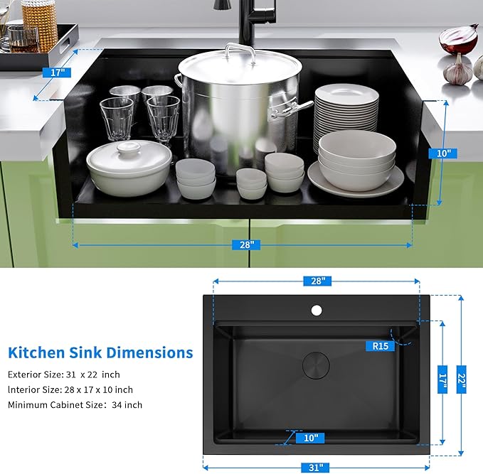 Drop In Black Kitchen Sink,Stainless Steel Sink 16 Gauge,Single Bowl Workstation Sinks (Black, 31" X 22")