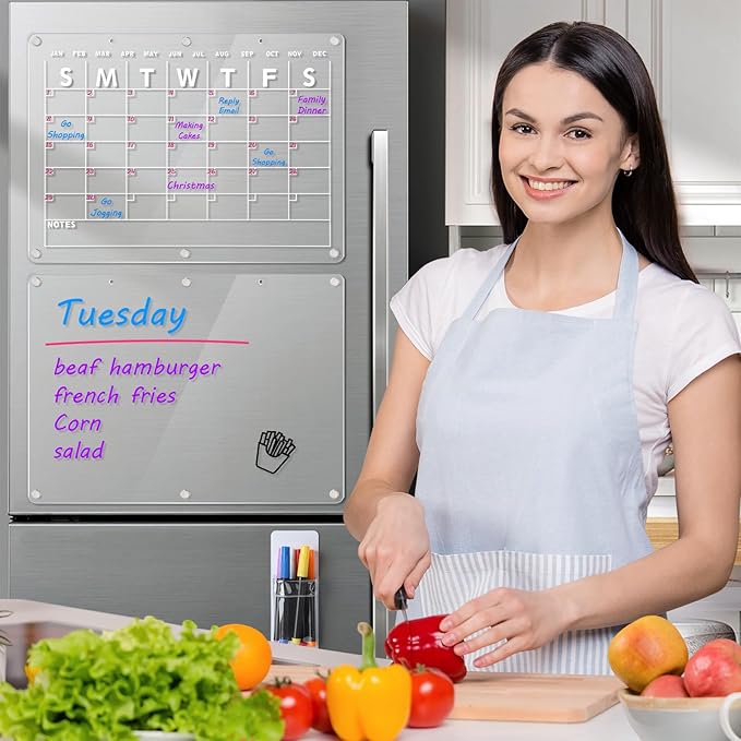 Acrylic Magnetic Dry Erase Board Calendar for Fridge 2 Set, 16.5"x12" Inch Clear Dry Erase Calendar for Refrigerator, Acrylic Planner Calendars Includes 6 Colors Markers with Eraser