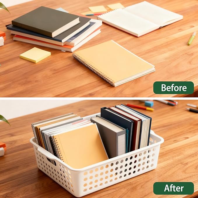8 Pack Paper Organizer Baskets Trays, 14 Inch Colorful Plastic Storage Baskets Stackable Organizer Bins with Handles, for Pencil, Arts, Crafts, Shelf Classroom Book Library Office