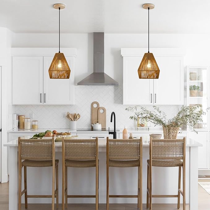 8.7'' Woven Rattan Pendant Light Fixtures, Boho Kitchen Island Pendant Lights Set of 2 with Handwoven Wicker Shade, Natural Coastal Light Fixture Hanging for Bedroom Bar Foyer Hallway