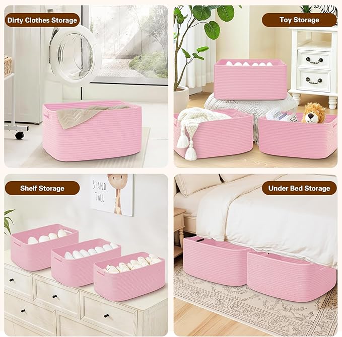 2 Pack Large Storage Basket for Organizing, 17.5"x13"x7" Woven Basket for Shelves, Closet Cube Storage Bins with Wrapped Handle, Cotton Rope Baskets for Kitchen, Clothes, Toys(Light Pink)