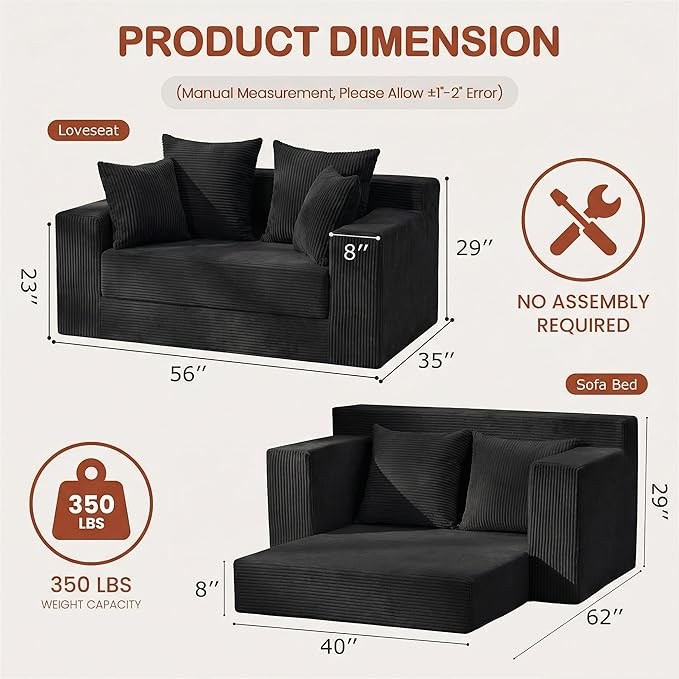 5 in 1 Convertible Sofa Bed,Small Boneless Couch Pull Out Loveseat Sleeper Sofa,Corduroy Futon Couch Folding Mattress with 4 Pillows for Living Room Bedroom Lounge (No Assembly)