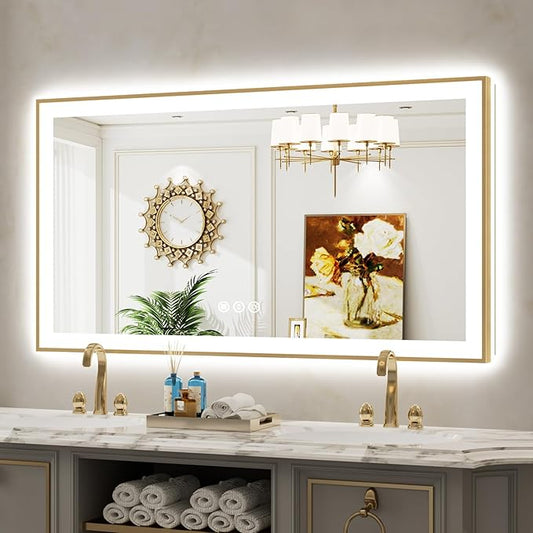 55x30 Inch LED Bathroom Mirror with Lights (Front Lit and Backlit) Gold Framed Lighted Vanity Mirror for Bathroom Wall Dimmable Anti-Fog Memory Tempered Glass Horizontal/Vertical