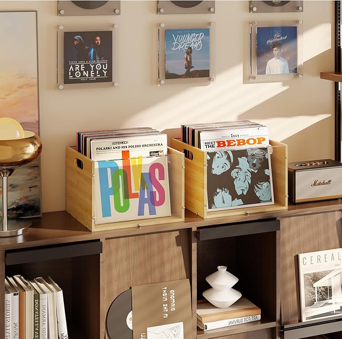X-cosrack 3-Pack Vinyl Record Storage Box Crate, Visualize Acrylic & Bamboo Cube LP/Album Organizer Shelf Holder with Handle, Easy to Assemble