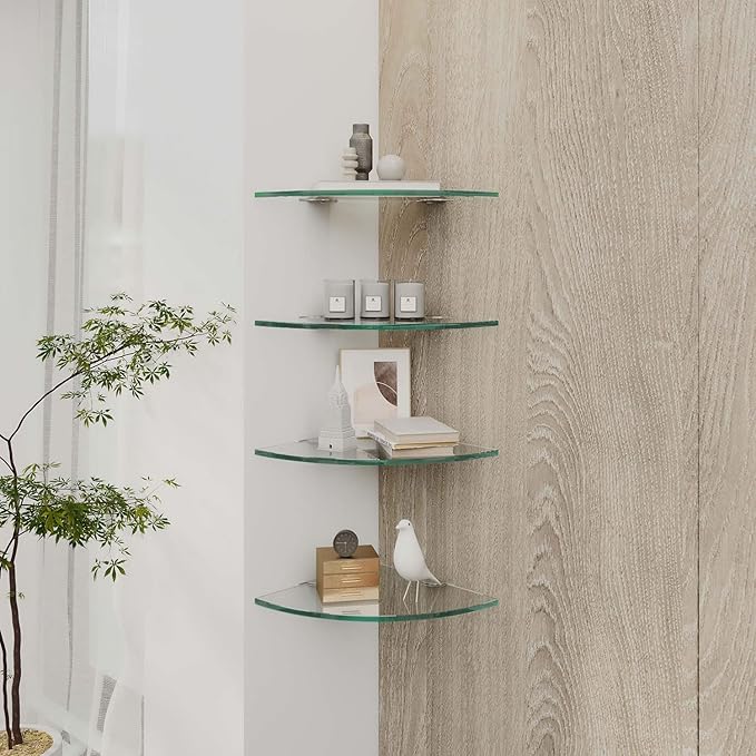 2 Tier Glass Corner Shelf Clear Shower Shelf Adhesive Shower Caddy Corner Organizer Thick Tempered Glass Bathroom Shelf Shampoo Holder for Shower Toilet Shelf Organizer 9.4" R