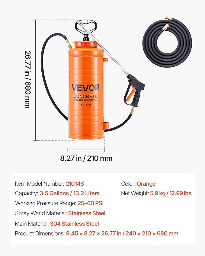 Industrial Concrete Sprayer, 3.5 Gallon Stainless Steel Sprayer, Heavy Duty Tri-Poxy Pump Sprayers, 20.5"Wand with Ergonomic Gun Handle, 48"& 120"Hose, 2 Brass Nozzles for Construction, Garden