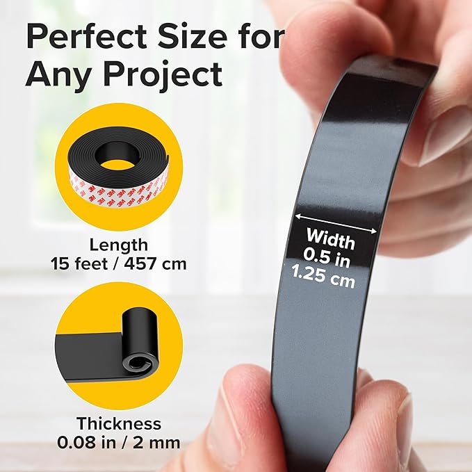 Super Sticky Magnetic Tape (15 feet x 1/2 inch) - Stong Magnet Strip with Adhesive Backing for DIY & Crafts - Easy to Cut and Mount on Fridges, Whiteboards & More