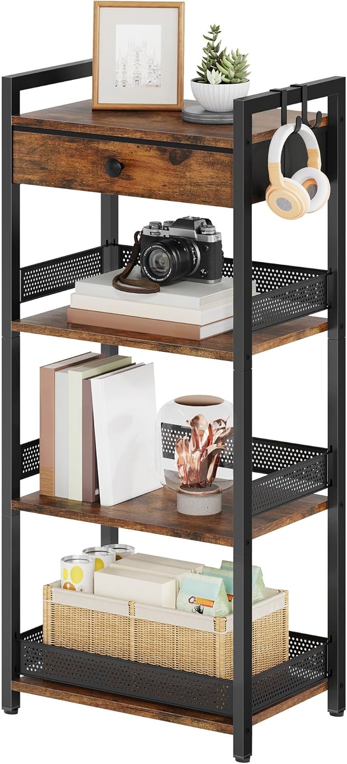FAVOOSTY 4 Tier Ladder Shelf Stand, Bookshelf with Drawer Storage, Decorative Display Shelves Wood & Metal, Plant Shelf, Standing Shelf Unit for Living Room Bedroom Office Kitchen, Rustic Brown