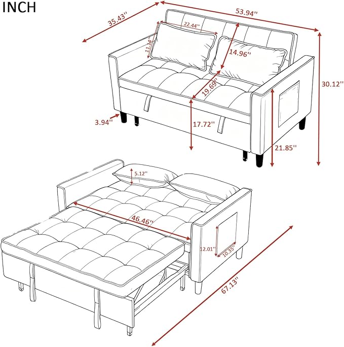 3 in 1 Convertible Sofa Bed, Love Seat Sleeper Bed with Side Pockets, PU Fabric Pull Out Couch with Adjustable Backrest for Living Room, Bedroom, Apartment, Brown