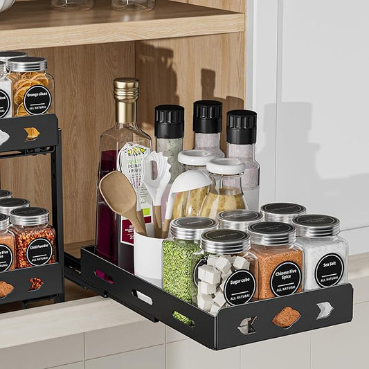 Pull Out Spice Rack Organizer for Cabinet, Heavy Duty-Slide Out Spice Rack, Vertical Spice Rack for Kitchen Cabinet and Pantry (6.3''Wx10.5''Dx2.8''H, Metal Black)