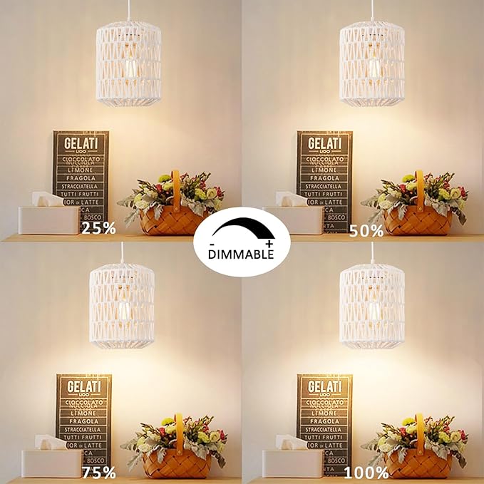 Plug in Pendant Light, Rattan Hanging Lights with Plug in Cord 15ft Dimmable Cord, Hand Woven Wicker Lampshade Hanging Lamp, Boho Plug in Hanging Ceiling Light Fixture for Farmhouse Bedroom White