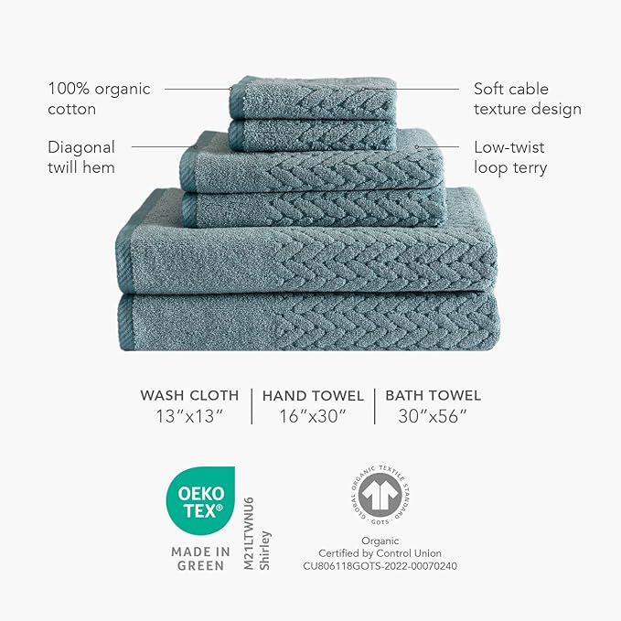 Texere 100% Organic Cotton Bathroom Towel, Textured Jacquard 650 GSM Premium Large Bath Towel Sets - Extra Absorbent Quick Dry and Plush (Cable, Estate Blue, 2 Bath Towels)
