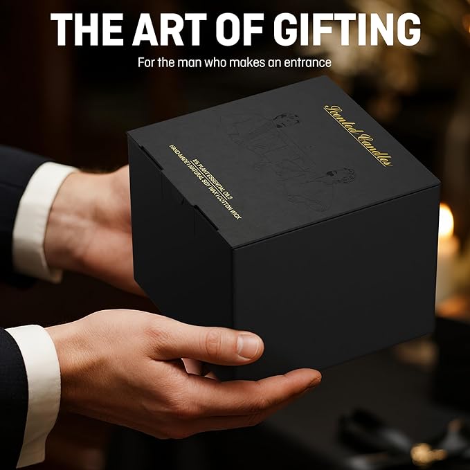 Scented Candles for Men - Saddle Leather Masculine Scented Candle, 8oz Luxury Soy Wax Candles with 8% Essential Oils, Scented Candle in Matte Black Tin, Gift of Men, Dad, Him