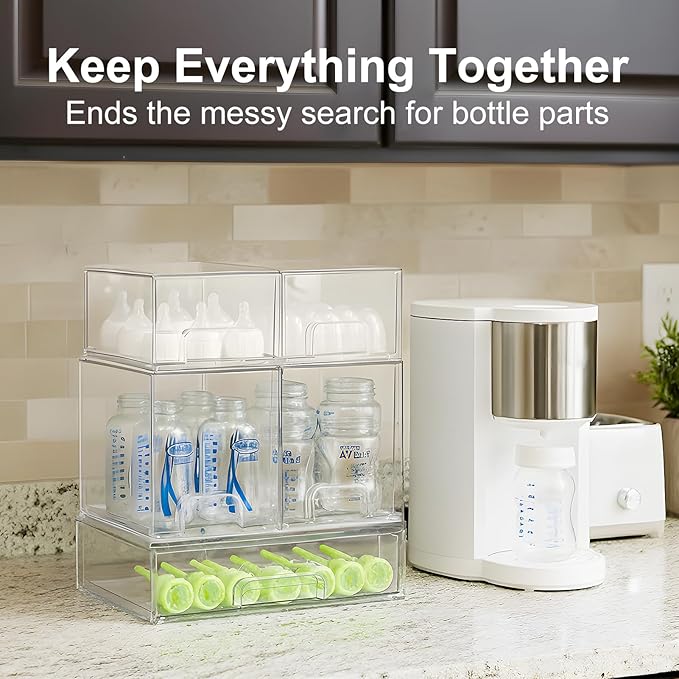 Bottle Storage Organizer Baby: Clear Stackable Storage Drawers, Acrylic Bottles Station Organizer for Countertop, Vanity, Bathroom, Cabinet Organization - 5 Pack