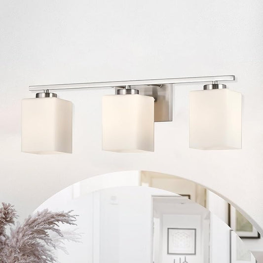 Edvivi Bathroom Light Fixtures, 3-Light Modern Brushed Nickel Vanity Light Over Mirror, Wall Sconces with Square White Glass Shades for Living Room, Bedroom, Hallway, E26 Base
