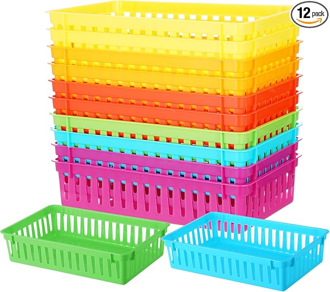 Wenqik Set of 12 Small Plastic Baskets for Organizing 10.24 x 6.5 x 2.36 Inch Pharmacy Baskets Rectangular Trays Plastic Organizer for Office Pharmacy Dorm Kitchens, Closets Shelves(Colorful)