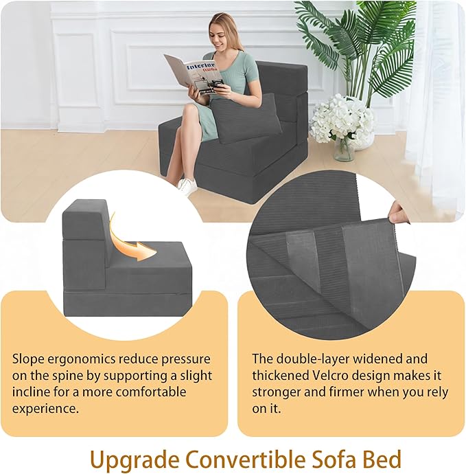 Sofa Bed Foldable Mattress ，Folding Sleeper Sofa Chair Bed Floor Mattress with Pillow for Living Room Home Office (Dark Gray -Corduroy, Single)