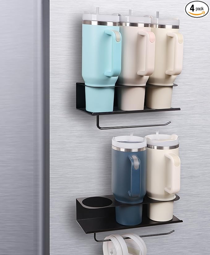 Magnetic Cup Holder for Stanley, Water Bottle Organizer for Kitchen Fridge Cabinet, Compatible with Stanley 30oz & 40oz Tumblers, Magnetic Cup Rack (Black, 6 Tumblers& 2 Lid Holder)