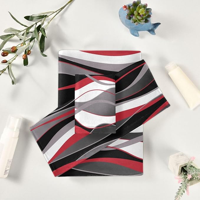 3 Piece Red Black Striped Bath Towels Set,Microfiber Absorbent White Grey Abstract Modern Minimalist Towels for Bathroom,1 Bath Towel,1 Hand Towel,1 Washcloth,Decorative Bathroom Towels