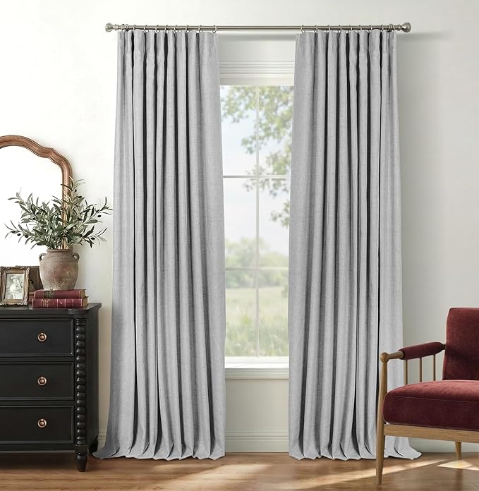 INOVADAY 100% Blackout Curtains for Bedroom, Black Out Curtains 120 Inch Long, Clip Rings Linen Blackout Drapes, Thermal Insulated Room Darkening for Living Room, 2 Panels - Grey,W50xL120