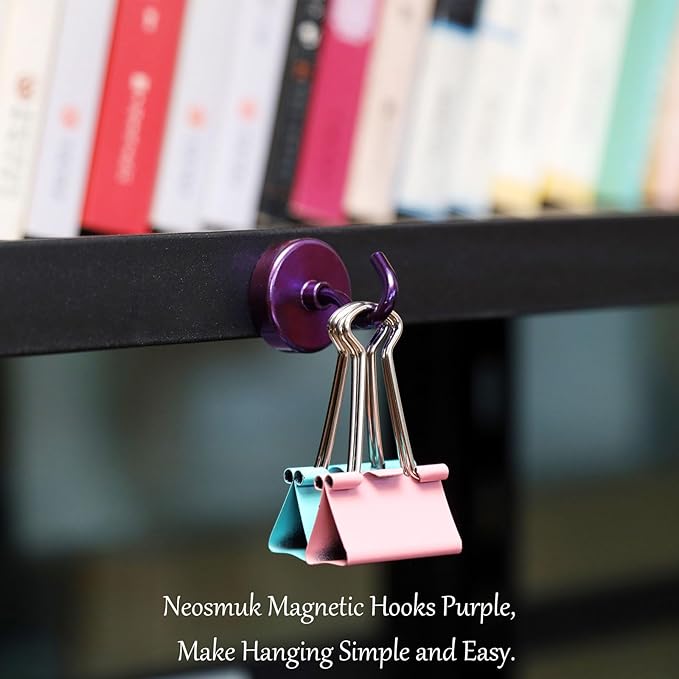 Neosmuk Magnetic Hooks Heavy Duty,Strong Magnet with Hook for Fridge, Super Neodymium Extra Strength Industrial Hooks for Hanging, Magnetic Hanger for Toolbox, Cruise, Grill(Purple,4 Pack)