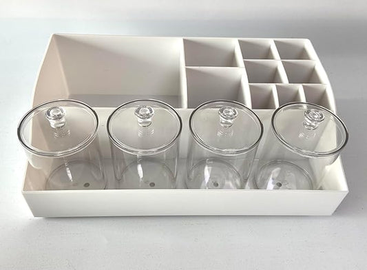 Vtopmart 5 PCS Bathroom Countertop Organizer, 1 Divided Tray with 4 Qtip Holder Jars, Restroom Clear Organizers for Toothbrush, Cotton Pads Balls, Floss, Bathroom Vanity Accessories Storage Set, White