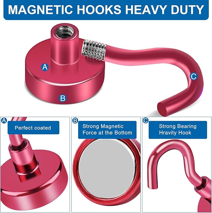 LOVIMAG Cruise Must Haves - 50Lbs Red Magnetic Hooks for Cabins & Refrigerator - 12 Pack