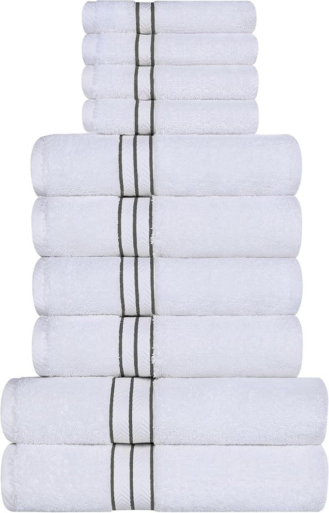 Superior Hotel Turkish Cotton 10 Piece Towel Set, Ultra Plush Spa Quality Heavyweight Essentials for Bathroom, Thick Absorbent and Soft, Dobby Border, Includes 2 Bath 4 Hand 4 Washcloths, Charcoal