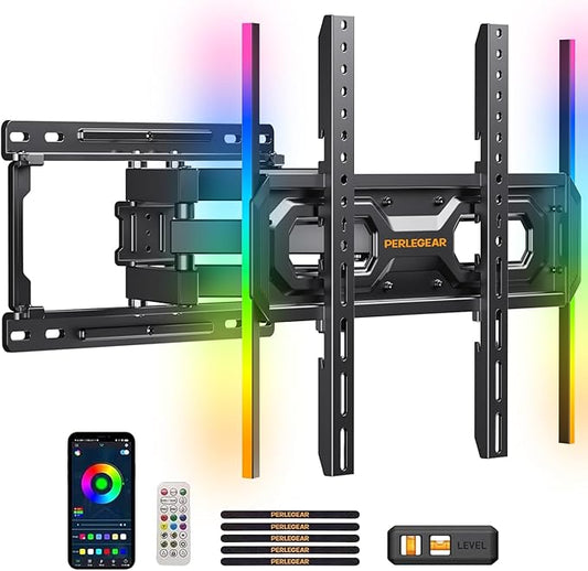 Perlegear AuraFrame™ Pre-Assembled TV Wall Mount with LED Lights for 26-65 inch TVs up to 99 lbs, Max VESA 400x400mm, Swivel, Extension, Tilt, TV Backlights with Music Sync, Fits 16”/12” Wood Studs