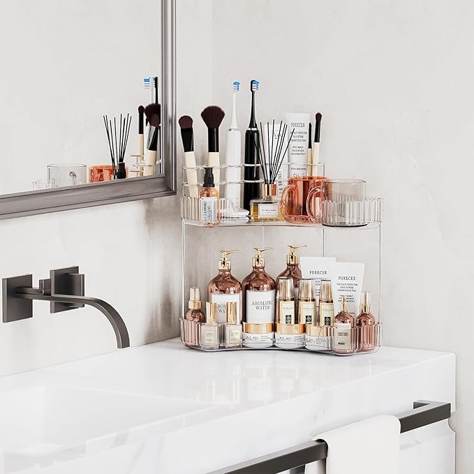 2-Tier Corner Bathroom Counter Organizer with Top Toothbrush Holders,Large Makeup Organizer Countertop with Brush Holder,Skincare Organizers Corner,Exquisite Vanity Organizer(Clear, 2 Tier)