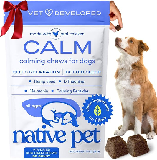 Native Pet Calming Chews for Dogs - Melatonin for Dogs Anxiety Relief - Grain Free All Natural Hemp Calming Treats & L-Theanine Helps Manage Stress & Separation Anxiety - Puppy Sleep Aid - 30 Chews