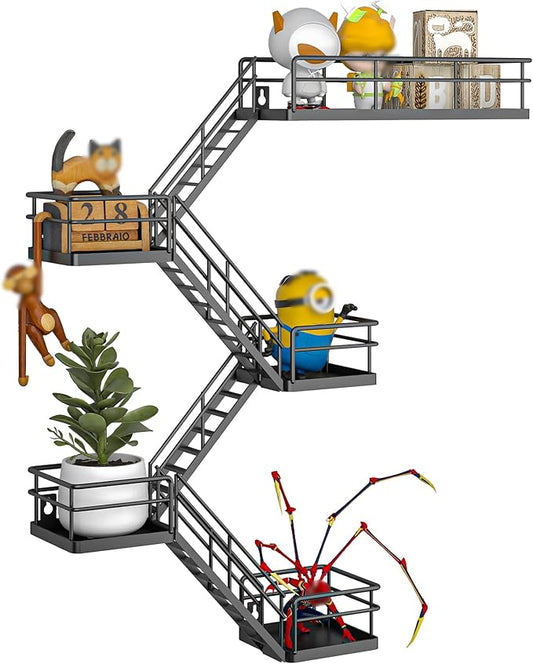 Fire Escape Shelf - 5 Tier Metal Black Fire Escape Wall Shelves with Baskets, New York Action Figurine Display Shelf, Unique Rustic Floating Decorative Wall Shelves for Any Room
